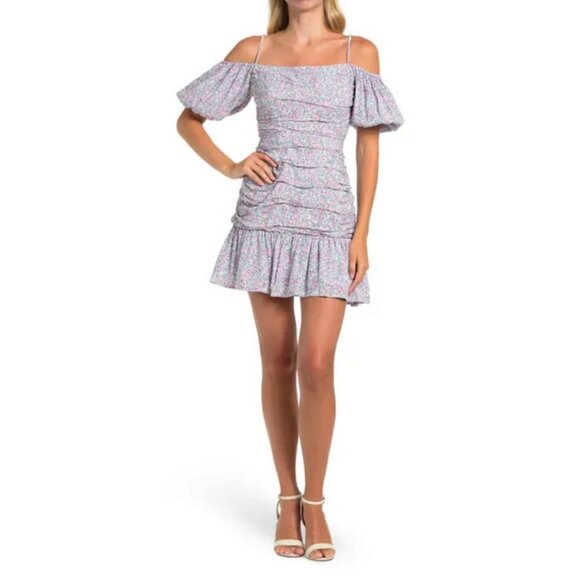 💕ASTR THE LABEL💕 Ruched Off Shoulder Mini Dress ~ Blue Pink Ditsy Large L NWT - Picture 1 of 14